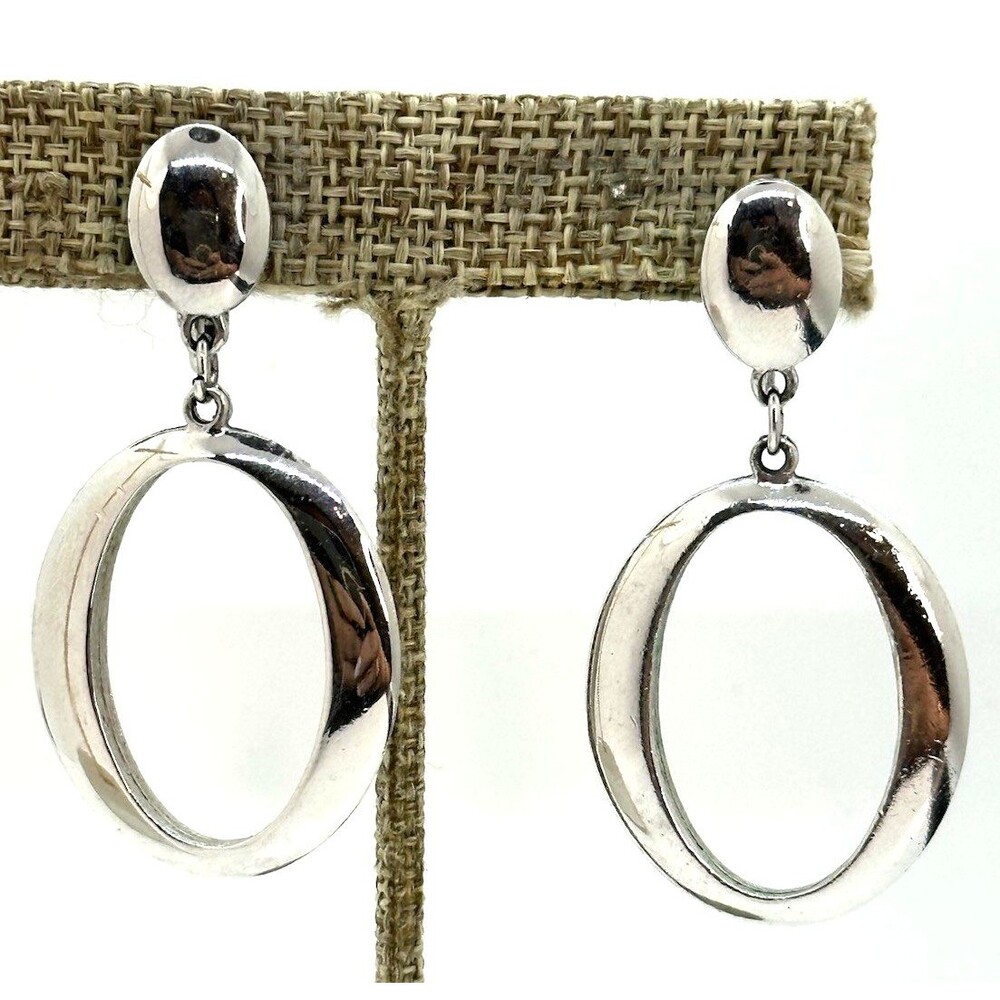 Vintage Crown Trifari Silver Tone Oval Hoop Convertible Pierced Clip Earrings